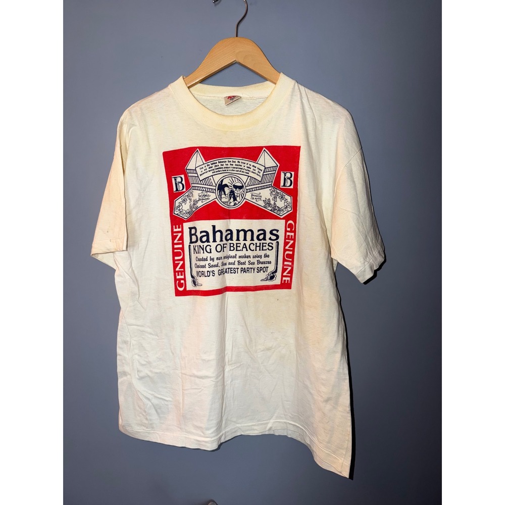Vintage Bahamas King of Beaches T Shirt XL Budweiser Parody Single Stitch Cream‎
